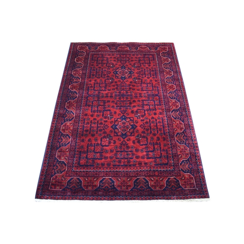 Hand Knotted Deep and Saturated Red Afghan Khamyab with Double Medallions Design Denser Weave with Shiny Wool Oriental Rug