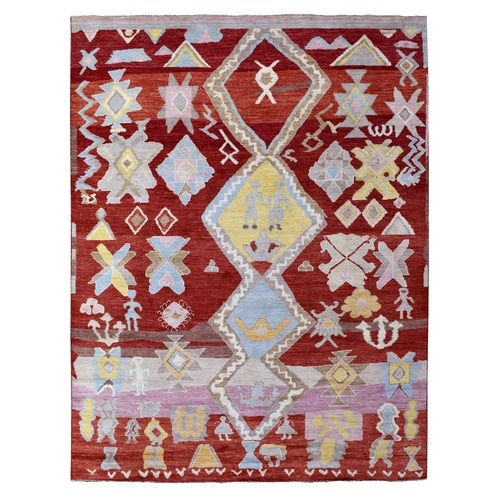 Red Organic Wool Human Figures Design Shabby Chic Moroccan Berber in a Colorful Palette Hand Knotted Abrash Oriental 
