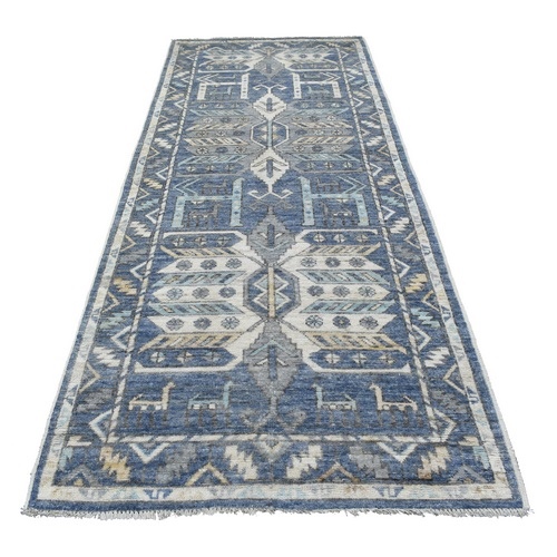 Denim Blue Village Inspired Anatolian with Ancient Animal Figurines Pure Wool Hand Knotted Oriental Runner Rug Denim Blue Village Inspired Anatolian with Ancient Animal Figurines Pure Wool Hand Knotted Oriental Runner Rug
