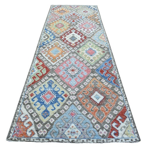 Gray Extra Soft Wool Hand Knotted Colorful Geometric Design Anatolian Village Inspired Oriental Runner 