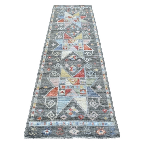 Village Inspired Anatolian Colorful Star Design Soft Afghan Wool Hand Knotted Oriental Runner Rug