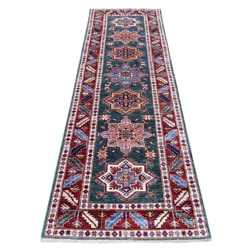 Hand Knotted Dark Green Super Kazak with Tribal Medallions Design Extremely Durable Wool Oriental Runner 