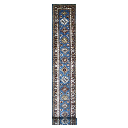Super Kazak with Tribal Medallions Design Hand Knotted Soft Organic Wool Faded Blue Oriental XL Runner 