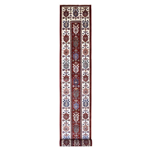 Rich Red Extra Long and Wide Super Kazak with Tribal Flower Design Hand Knotted Pure Wool Oriental Runner 