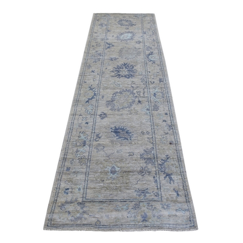 Gray Angora Oushak with Leaf Design Extra Soft Wool Hand Knotted Oriental Runner 