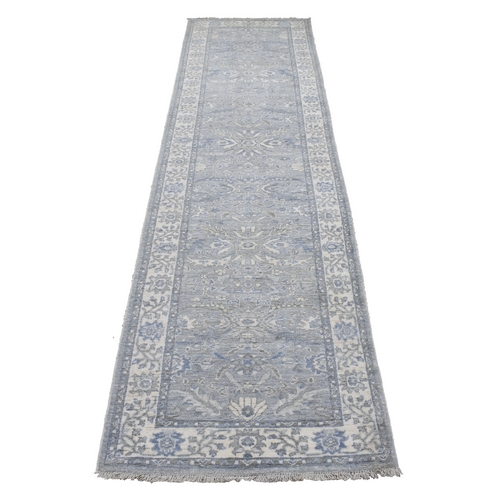 Hand Knotted Gray Afghan Peshawar with All Over Heriz Design Extra Soft Wool Oriental Runner Rug