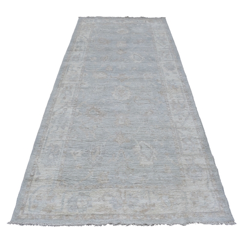Gray Angora Oushak with Faded Out Colors Pure Wool Hand Knotted Oriental Wide Runner 