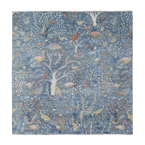 Fine Peshawar with Birds of Paradise Design Soft Afghan Wool Hand Knotted Denim Blue Oriental Square 
