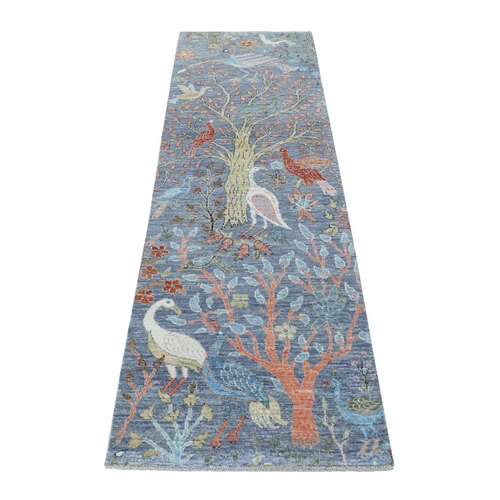 Hand Knotted Denim Blue Fine Peshawar with Birds of Paradise Design Extremely Durable Wool Oriental Runner Rug Hand Knotted Denim Blue Fine Peshawar with Birds of Paradise Design Extremely Durable Wool Oriental Runner Rug