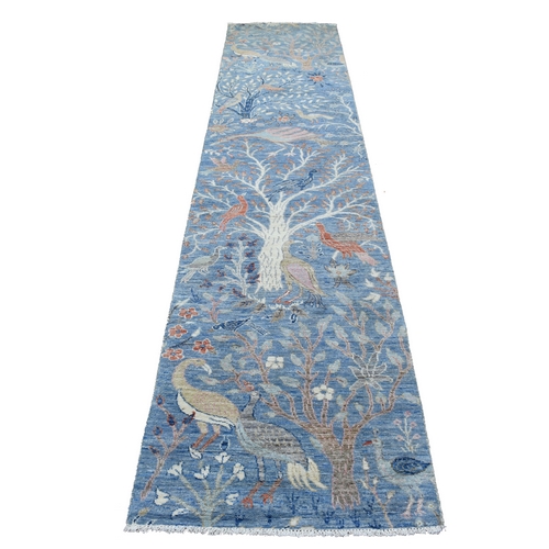Denim Blue, Afghan Peshawar with Birds of Paradise Natural Dyes, Pure Wool Hand Knotted, Runner Oriental Rug