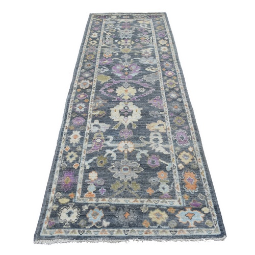 Hand Knotted Charcoal Black Angora Oushak with Colorful Motifs Organic Wool Oriental Wide Runner 