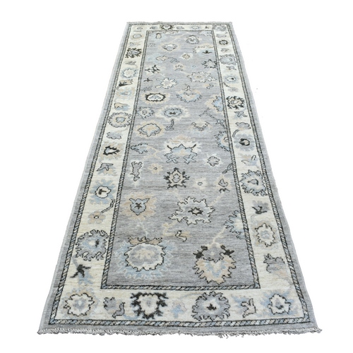 Afghan Angora Oushak with Floral Motifs Extra Soft Wool Hand Knotted Gunmetal Gray Oriental Wide Runner 