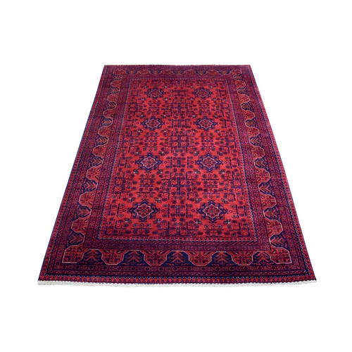 Deep and Saturated Red Afghan Khamyab with Geometric Design Denser Weave with Shiny Wool Hand Knotted Oriental 