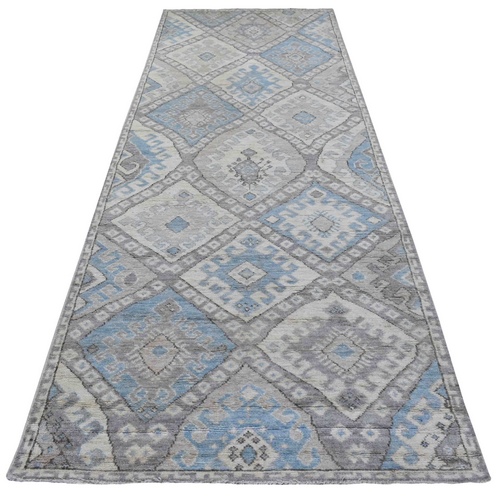 Gray with Pop of Blue Anatolian Village Inspired Geometric Design Hand Knotted Organic Wool Oriental Wide Runner 