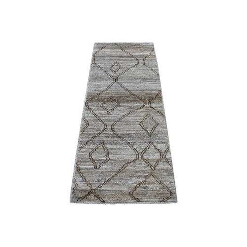 Hand Knotted Brown Moroccan Berber with Criss Cross Design Soft Organic Wool Oriental Runner Rug