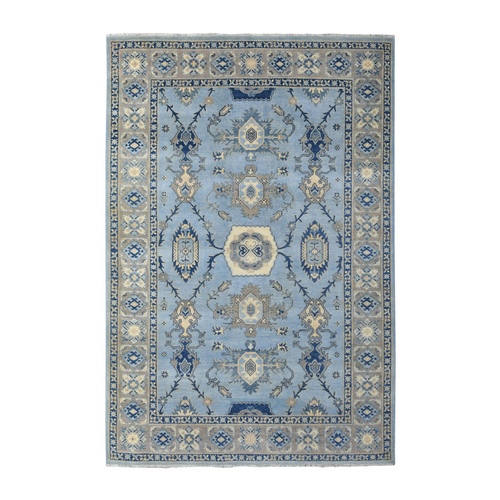 Hand Knotted Blue Vintage Look Kazak with Tessellation Design Soft Wool Oriental 