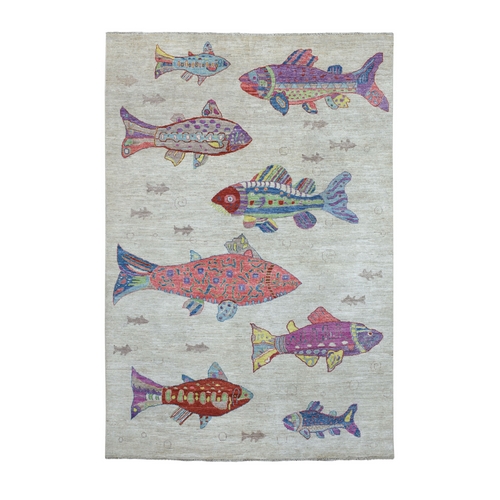 Oceanic Multicolor Fish Design Organic Wool Afghan Peshawar Silver Hand Knotted Oriental 