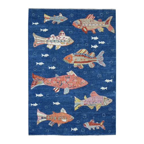 Navy Blue Afghan Peshawar Oceanic Colorful Fish Design Natural and Shiny Wool Hand Knotted Oriental 