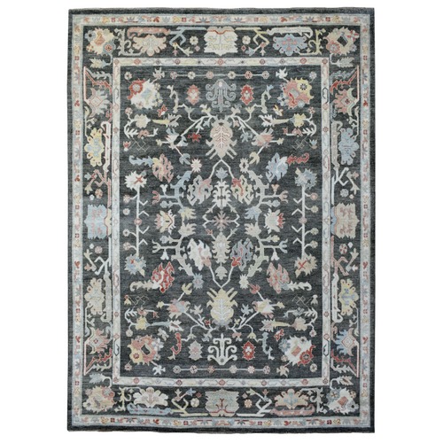 Charcoal Black, Angora Oushak with Colorful Pattern, Pure Wool Hand Knotted, Oriental Rug