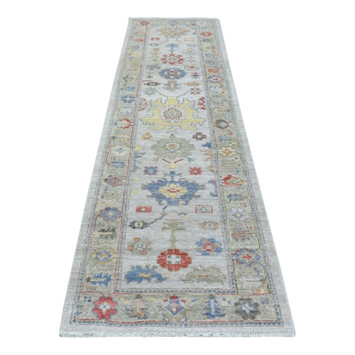 Silver Angora Oushak with All Over Leaf Design Soft Wool Hand Knotted Oriental Runner Rug