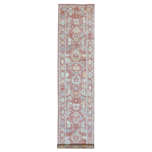 Coral Pink Hand Knotted Angora Oushak with Colorful Motifs Organic Wool Oriental XL Runner 