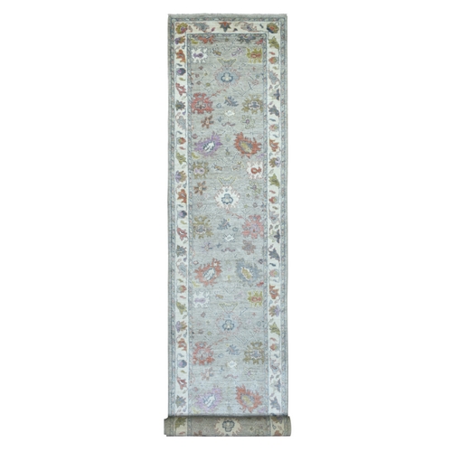 Gray Angora Oushak with Pop Of Color Extra Soft Wool Hand Knotted Oriental Wide XL Runner 