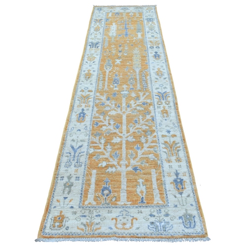 Sunrise Orange Angora Oushak with Willow and Cypress Tree Design Organic Wool Hand Knotted Oriental Runner Rug