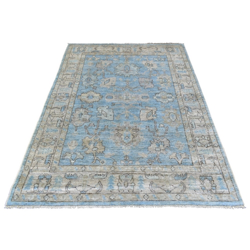 Angora Oushak with Floral Motifs Soft Wool Hand Knotted Blue Oriental 