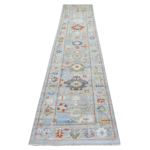 Gray Angora Oushak with Pop of Color Extra Soft Wool Hand Knotted Oriental Runner Rug