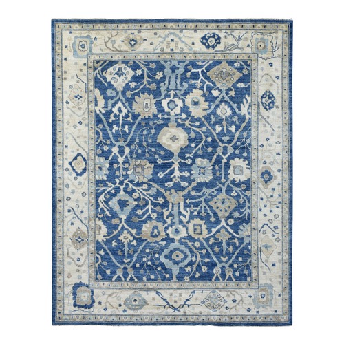 Denim Blue, Hand Knotted Angora Oushak with All Over Motifs, Soft Wool Oriental Rug