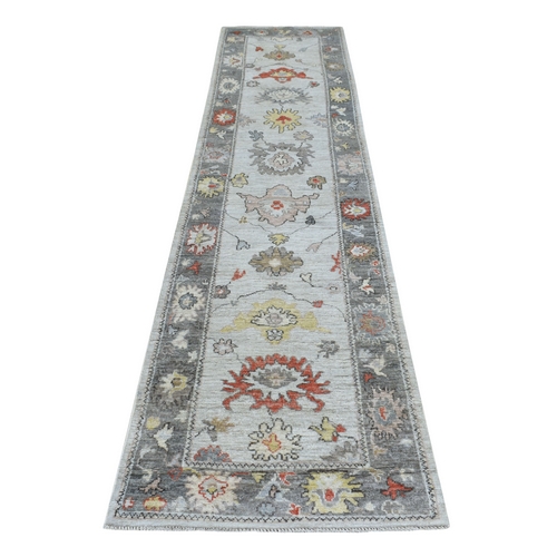 Hand Knotted Gray Angora Oushak with Large Motifs Organic Wool Oriental Runner 