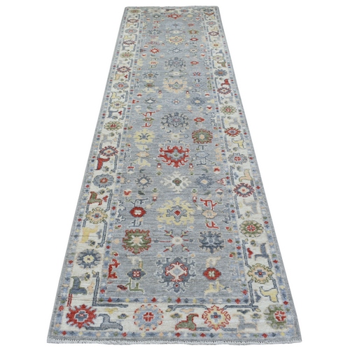 Pure Wool Hand Knotted Gray Angora Oushak with Colorful Motifs Oriental Runner 