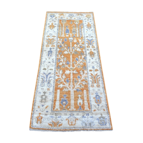 Angora Oushak with Willow and Cypress Tree Design Organic Wool Burnt Orange Hand Knotted Oriental Runner Rug