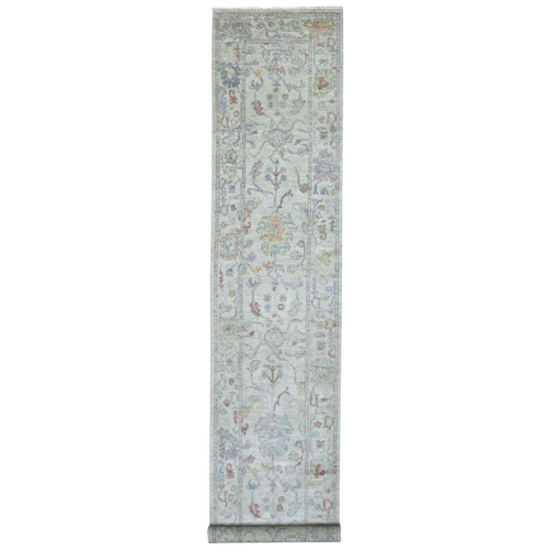 Extra Soft Wool Hand Knotted Gray Angora Oushak with All Over Flower Design Oriental XL Runner 