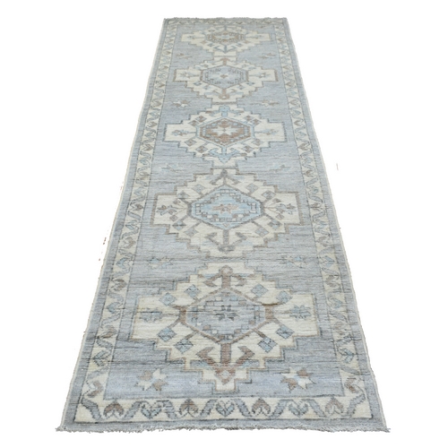 Faded Gray Village Inspired Anatolian with Large Geometric Medallions Design Pure Wool Hand Knotted Oriental Wide Runner 