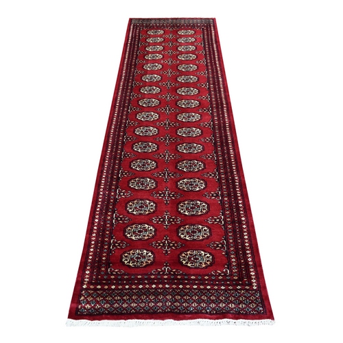 Mori Bokara with Geometric Medallions Design Deep Red Extra Soft Wool Hand Knotted Oriental Runner 