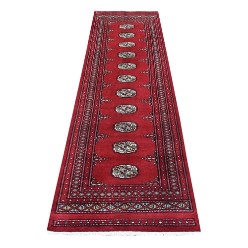 Rich Red Pure Wool Hand Knotted Mori Bokara with Tribal Medallions Design Oriental Runner 