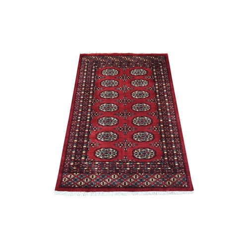 Deep Red Extra Soft Wool Hand Knotted Mori Bokara with Geometric Medallions Design Oriental Rug