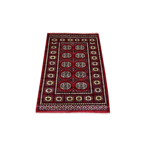 Mori Bokara with Geometric Medallions Design Deep and Rich Red Organic Wool Hand Knotted Oriental 