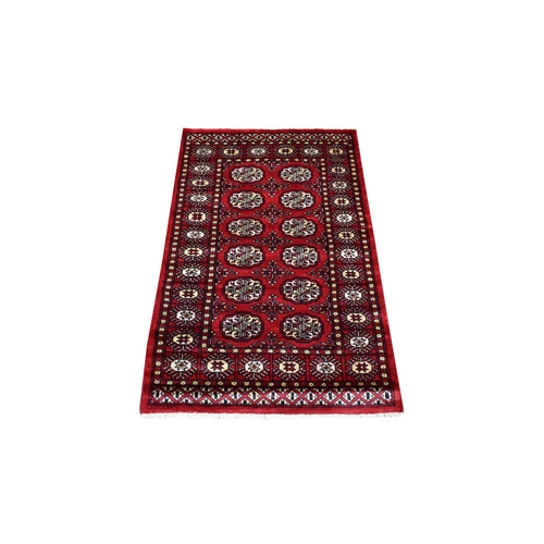 Rich Red Pure Wool Hand Knotted Mori Bokara with Geometric Medallions Design Oriental Rug