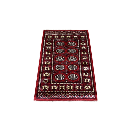 Mori Bokara with Geometric Medallions Design Deep and Rich Red Extra Soft Wool Hand Knotted Oriental Rug