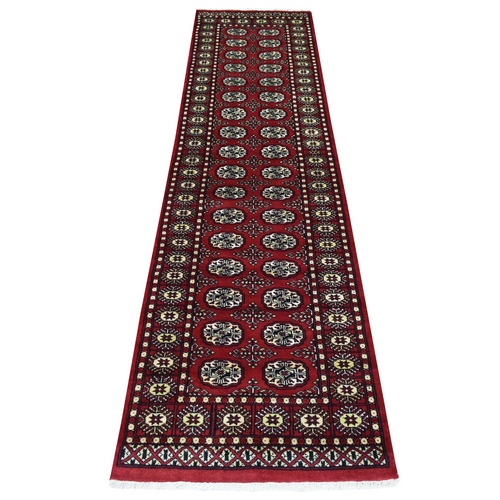 Deep and Rich Red Soft Wool Hand Knotted Mori Bokara with Geometric Medallions Design Oriental Runner Rug