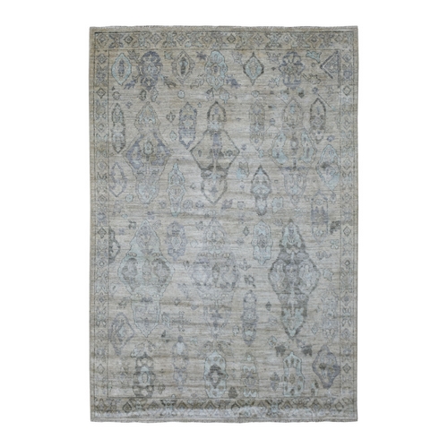 Beige Angora Oushak with Geometric Leaf Design Hand Knotted Soft Afghan Wool Oriental 