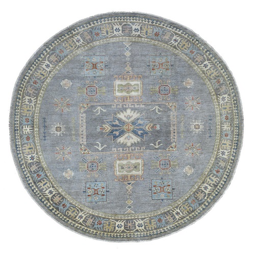 Gray Fine Peshawar with Geometric Design Soft Wool Hand Knotted Oriental Round Rug Gray Fine Peshawar with Geometric Design Soft Wool Hand Knotted Oriental Round Rug