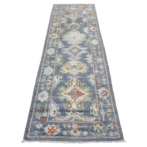 Dark Gray Angora Oushak with Pop of Colors Soft Glimmery Wool Hand Knotted Oriental Runner 