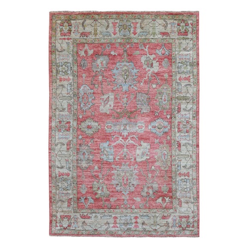 Coral Pink Afghan Angora Oushak with Small Animal Figurines and Cypress Tree Design Hand Knotted Natural Wool Oriental 