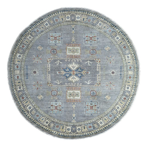 Extra Soft Wool Hand Knotted Gray Fine Peshawar with Large Geometric Medallion Design Oriental Round Rug Extra Soft Wool Hand Knotted Gray Fine Peshawar with Large Geometric Medallion Design Oriental Round Rug