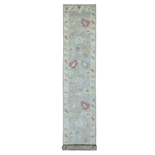 Hand Knotted Gray Angora Oushak with Colorful Leaf Design Pure Wool Extra Wide and Long Runner Oriental 