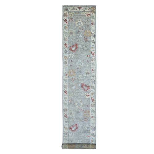 Gray Angora Oushak with Pop of Color Hand Knotted Soft, Afghan Wool Wide XL Runner Oriental Rug