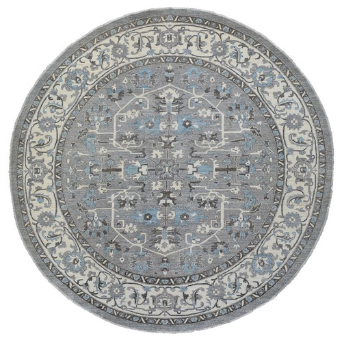 Hand Knotted Gray Heriz Fine Peshawar with All Over Design Pure Wool Oriental Round 